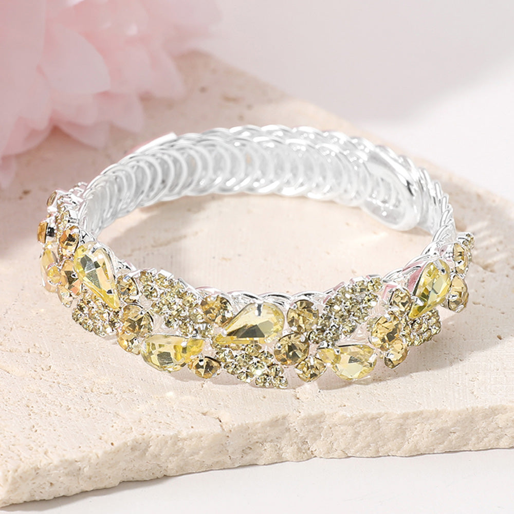 Madeline Love Silver, Yellow Teardrop Stone Cluster Embellished Adjustable Evening Bracelet - Bracelets