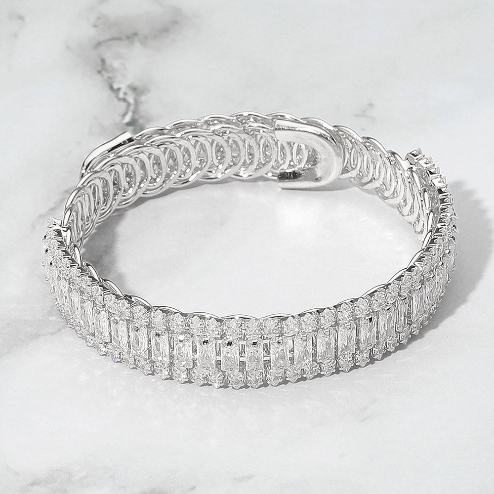 Madeline Love Clear, Silver Marquise Emerald Cut CZ Stone Link Adjustable Evening Bracelet