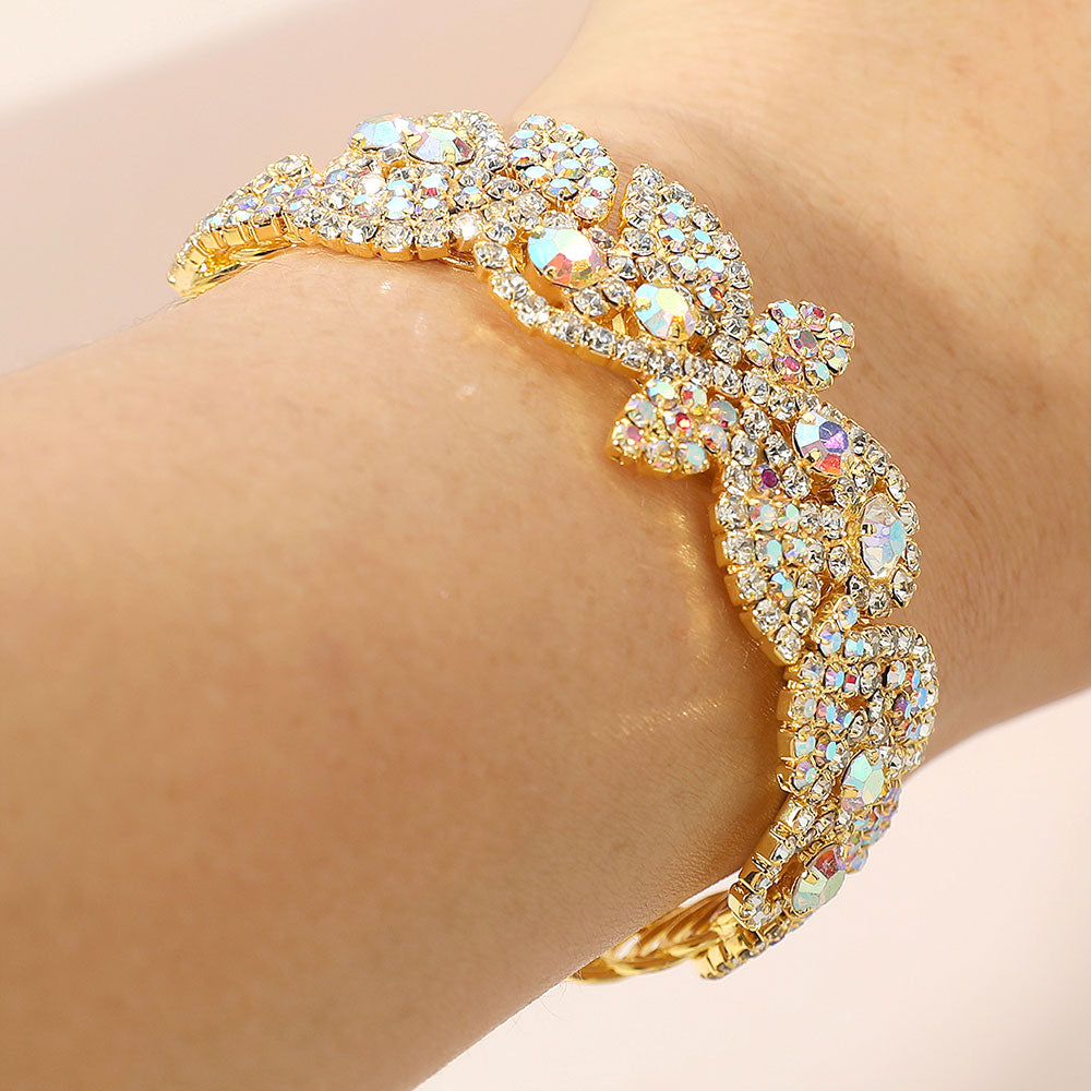 Madeline Love AB, Gold Rhinestone Paved Floral Leaf Adjustable Evening Bracelet - Bracelets
