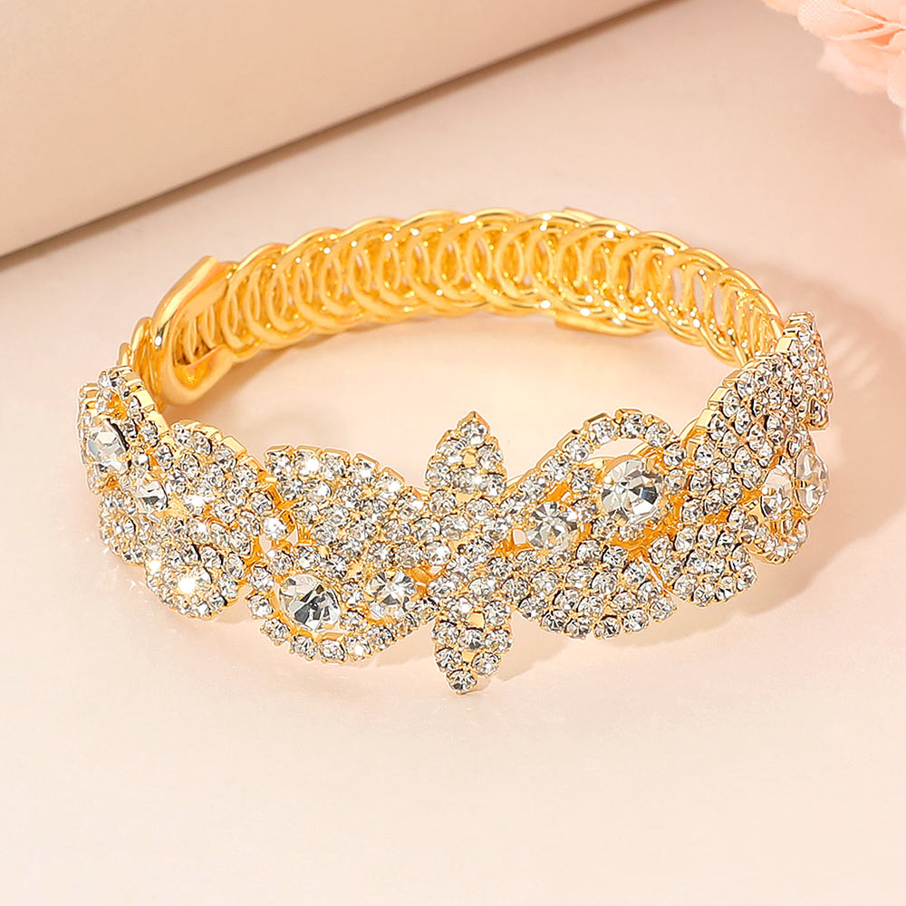 Madeline Love Clear, Gold Rhinestone Paved Floral Leaf Adjustable Evening Bracelet - Bracelets