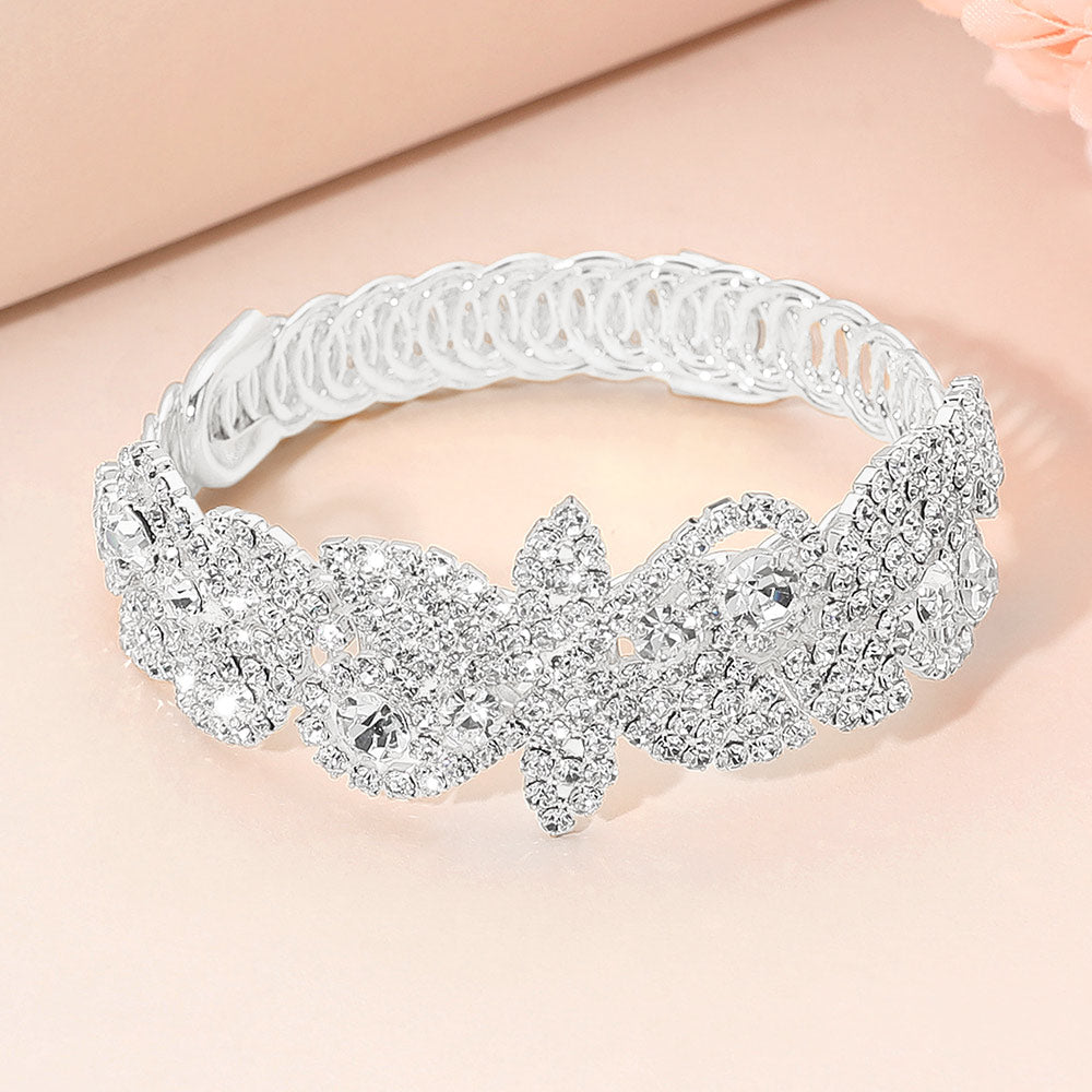 Madeline Love Clear, Silver Rhinestone Paved Floral Leaf Adjustable Evening Bracelet - Bracelets