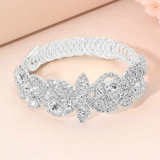 Madeline Love Clear, Silver Rhinestone Paved Floral Leaf Adjustable Evening Bracelet - Bracelets