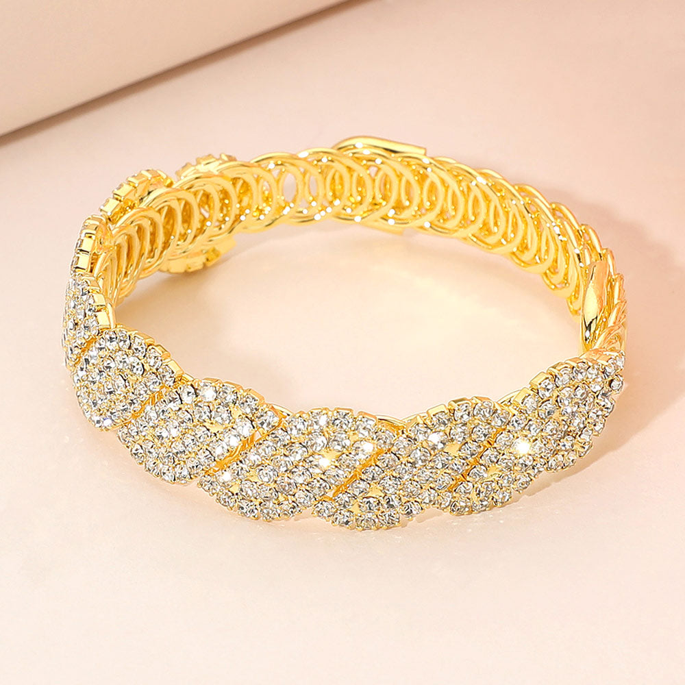 Madeline Love Clear, Gold Rhinestone Paved Twisted Adjustable Evening Bracelet - Bracelets