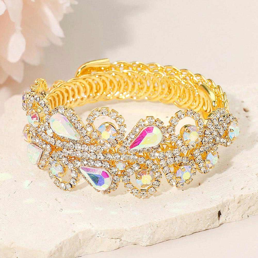 Madeline Love AB, Gold Teardrop Round Stone Cluster Embellished Adjustable Evening Bracelet