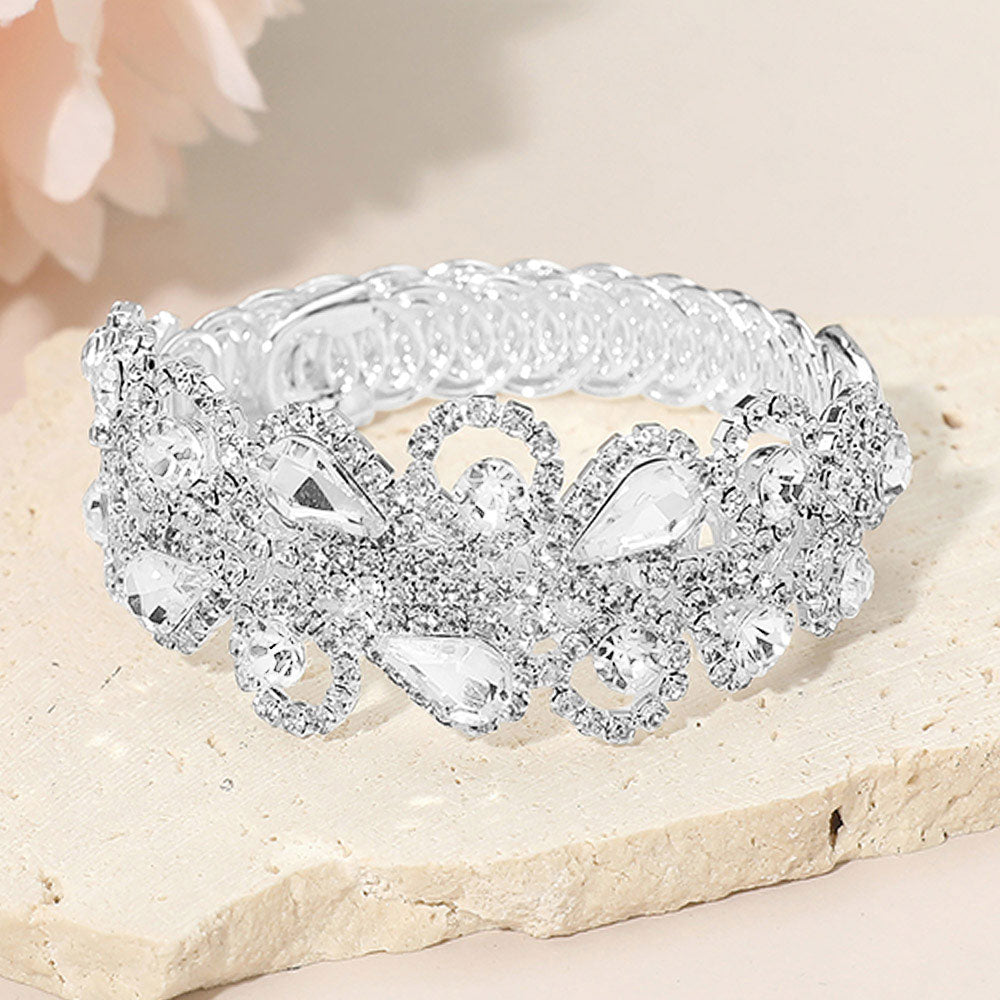 Madeline Love Clear, Silver Teardrop Round Stone Cluster Embellished Adjustable Evening Bracelet
