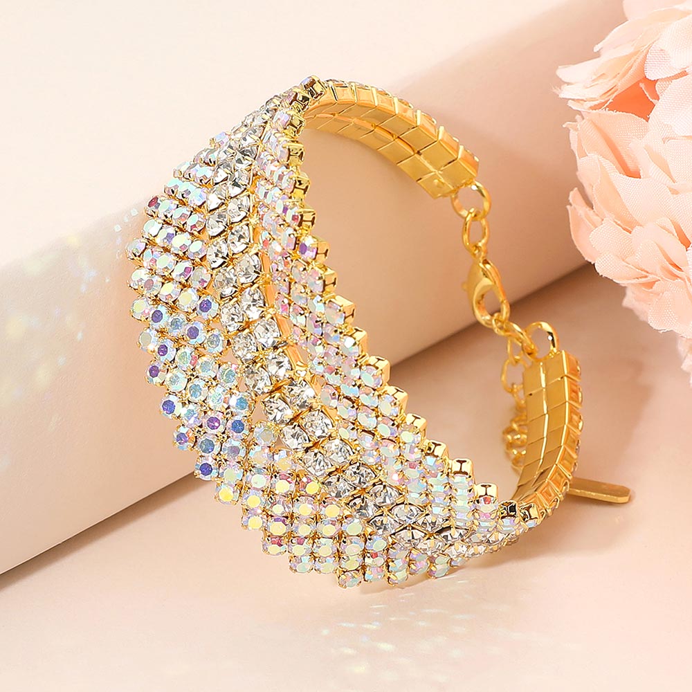 Madeline Love AB, Gold Multi-Row Rhinestone Embellished Evening Bracelet