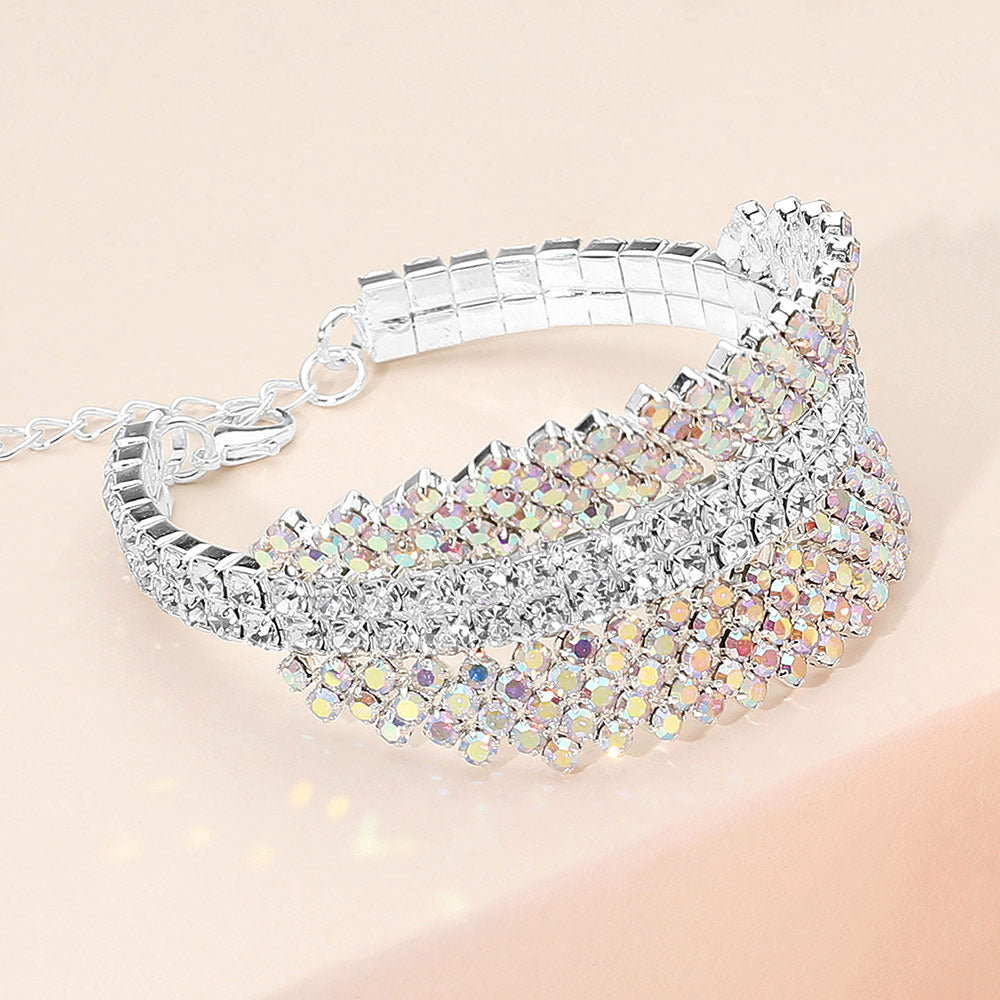 Madeline Love AB, Silver Multi-Row Rhinestone Embellished Evening Bracelet