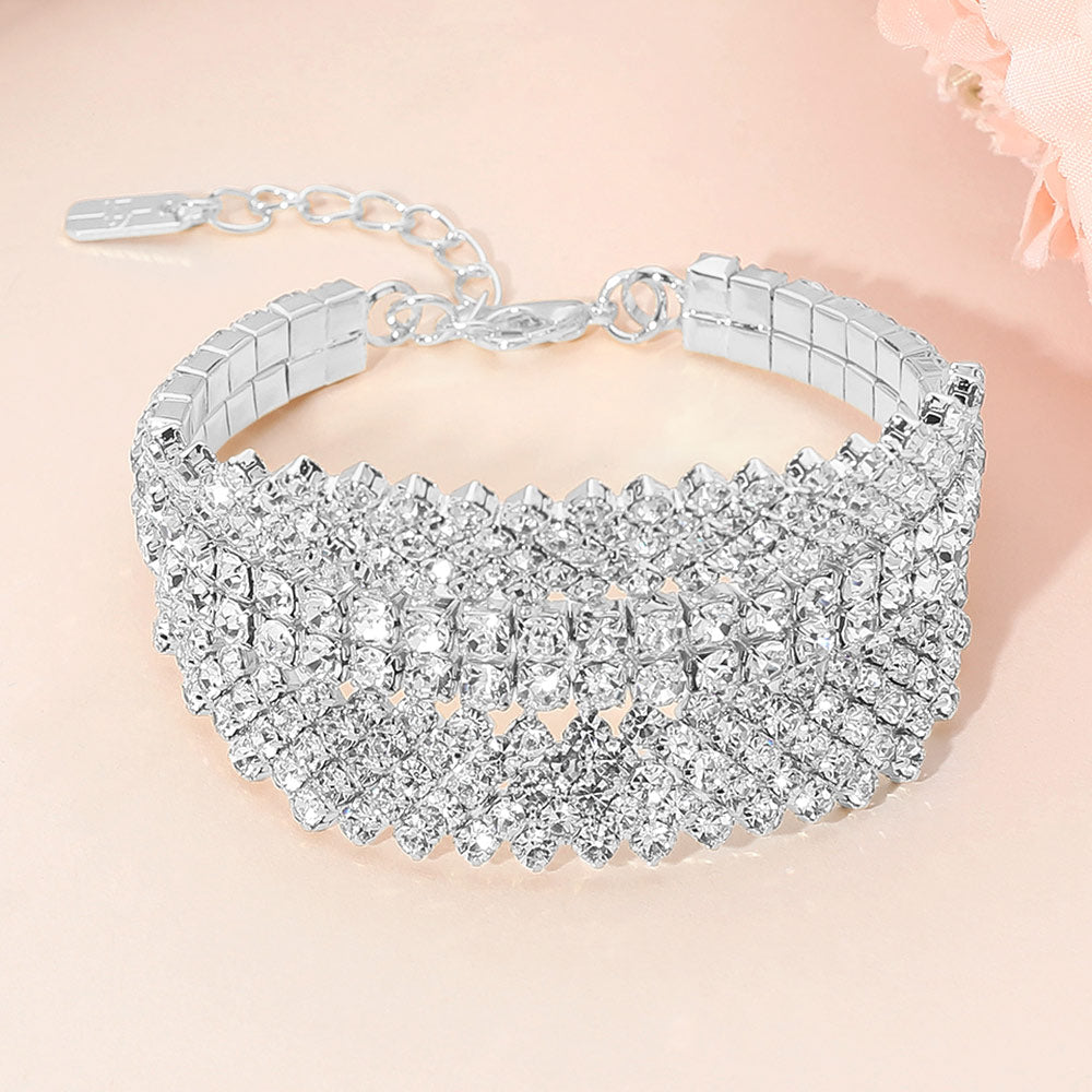 Madeline Love Clear, Silver Multi-Row Rhinestone Embellished Evening Bracelet