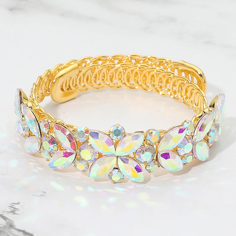 Madeline Love AB, Gold Floral Marquise Round Stone Cluster Adjustable Evening Bracelet - Bracelets