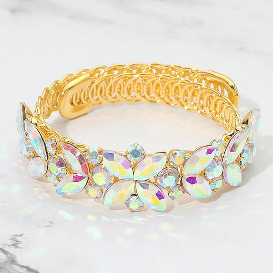 Madeline Love AB, Gold Floral Marquise Round Stone Cluster Adjustable Evening Bracelet - Bracelets