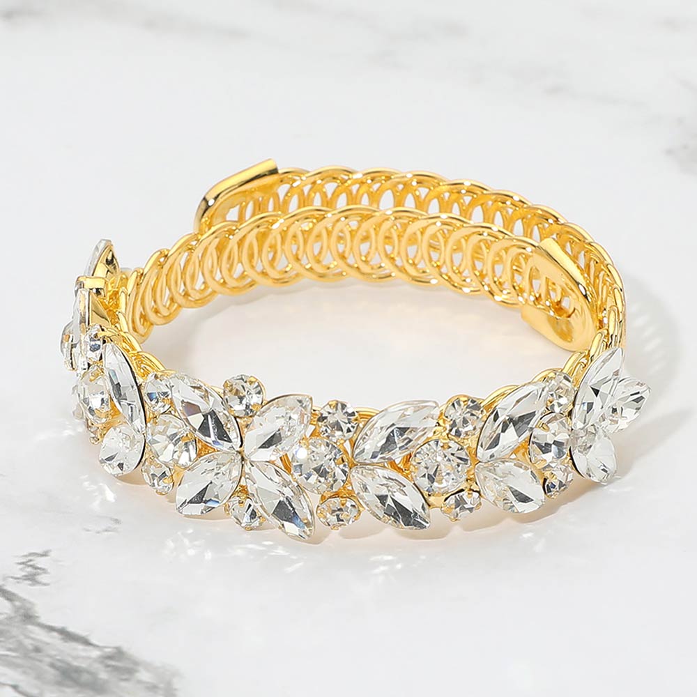 Madeline Love Clear, Gold Floral Marquise Round Stone Cluster Adjustable Evening Bracelet - Bracelets