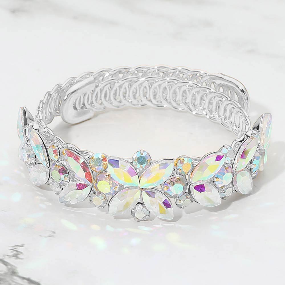 Madeline Love AB, Silver Floral Marquise Round Stone Cluster Adjustable Evening Bracelet - Bracelets