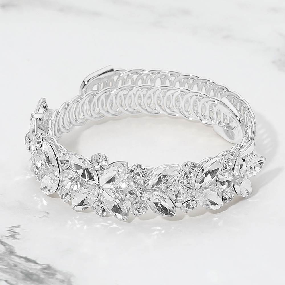 Madeline Love Clear, Silver Floral Marquise Round Stone Cluster Adjustable Evening Bracelet - Bracelets