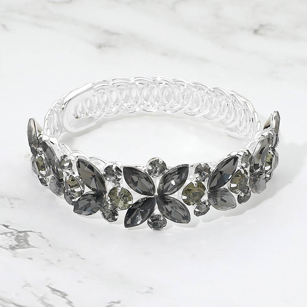 Madeline Love Black Diamond, Silver Floral Marquise Round Stone Cluster Adjustable Evening Bracelet - Bracelets