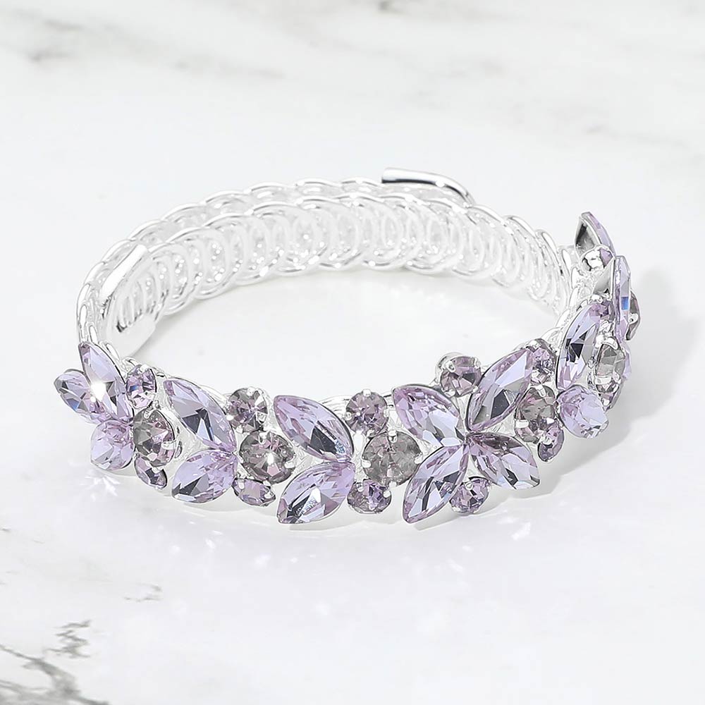 Madeline Love Amethyst , Silver Floral Marquise Round Stone Cluster Adjustable Evening Bracelet - Bracelets