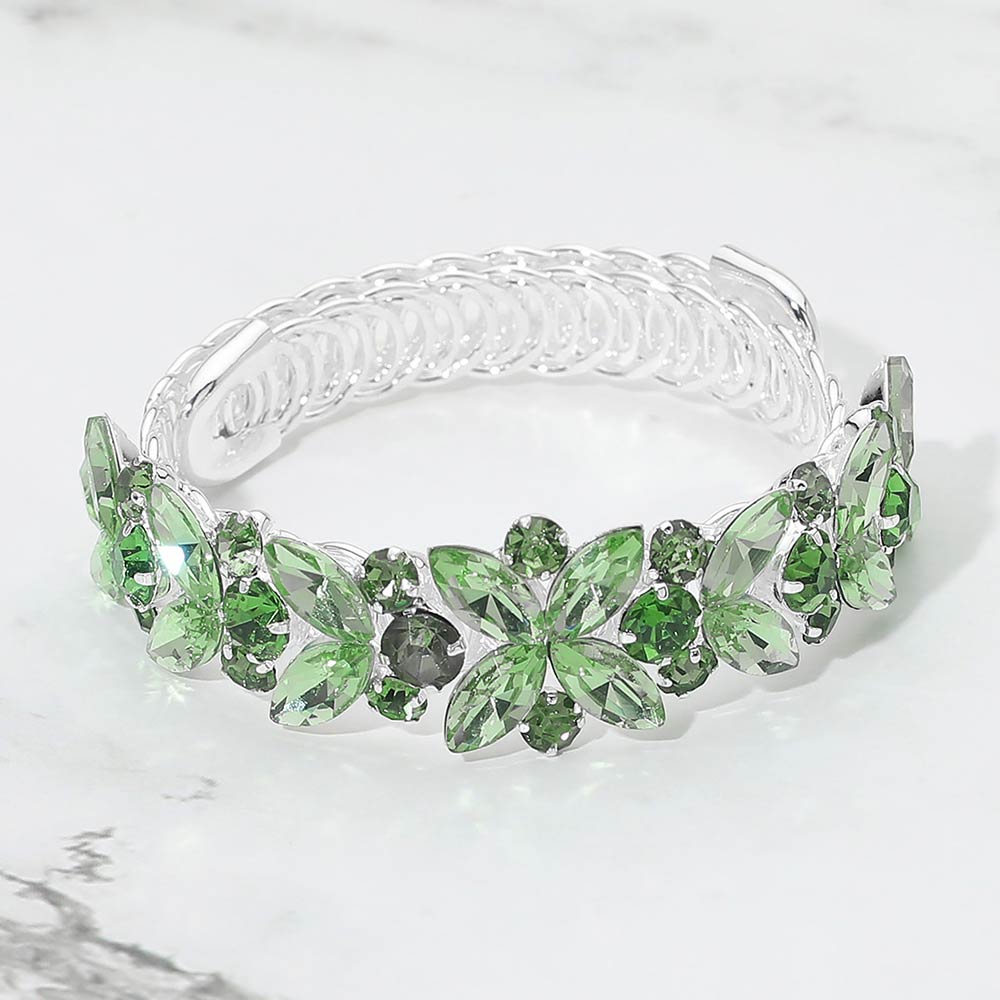 Madeline Love Green, Silver Floral Marquise Round Stone Cluster Adjustable Evening Bracelet - Bracelets