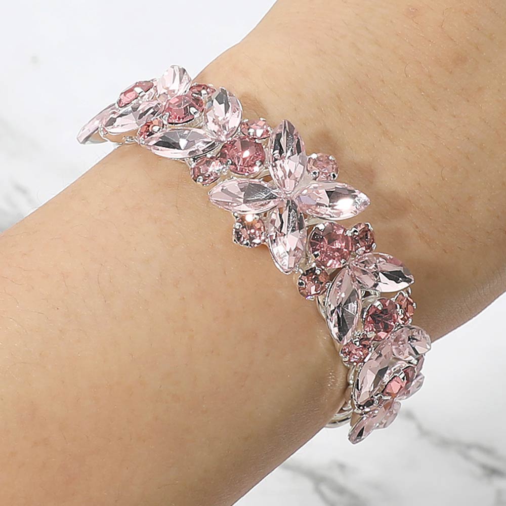 Madeline Love Rose, Silver Floral Marquise Round Stone Cluster Adjustable Evening Bracelet - Bracelets