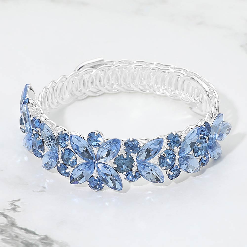 Madeline Love Sapphire, Silver Floral Marquise Round Stone Cluster Adjustable Evening Bracelet - Bracelets