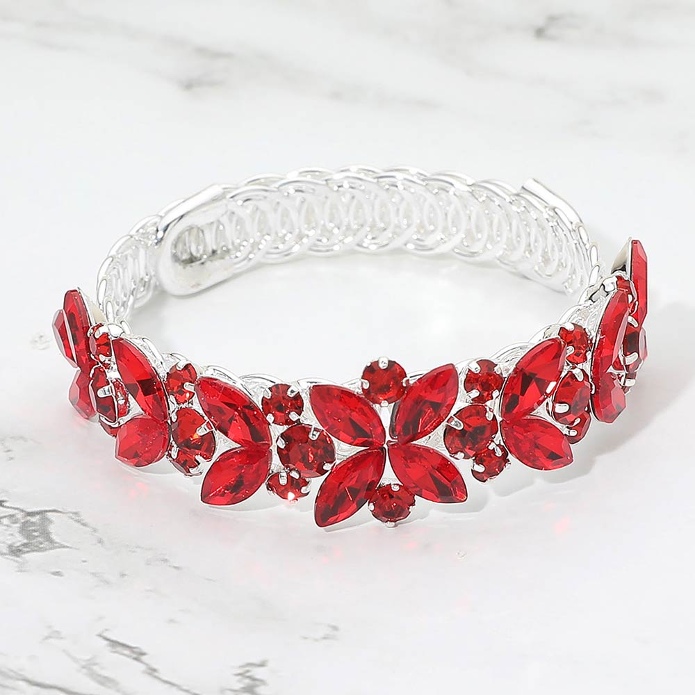 Madeline Love Red, Silver Floral Marquise Round Stone Cluster Adjustable Evening Bracelet - Bracelets