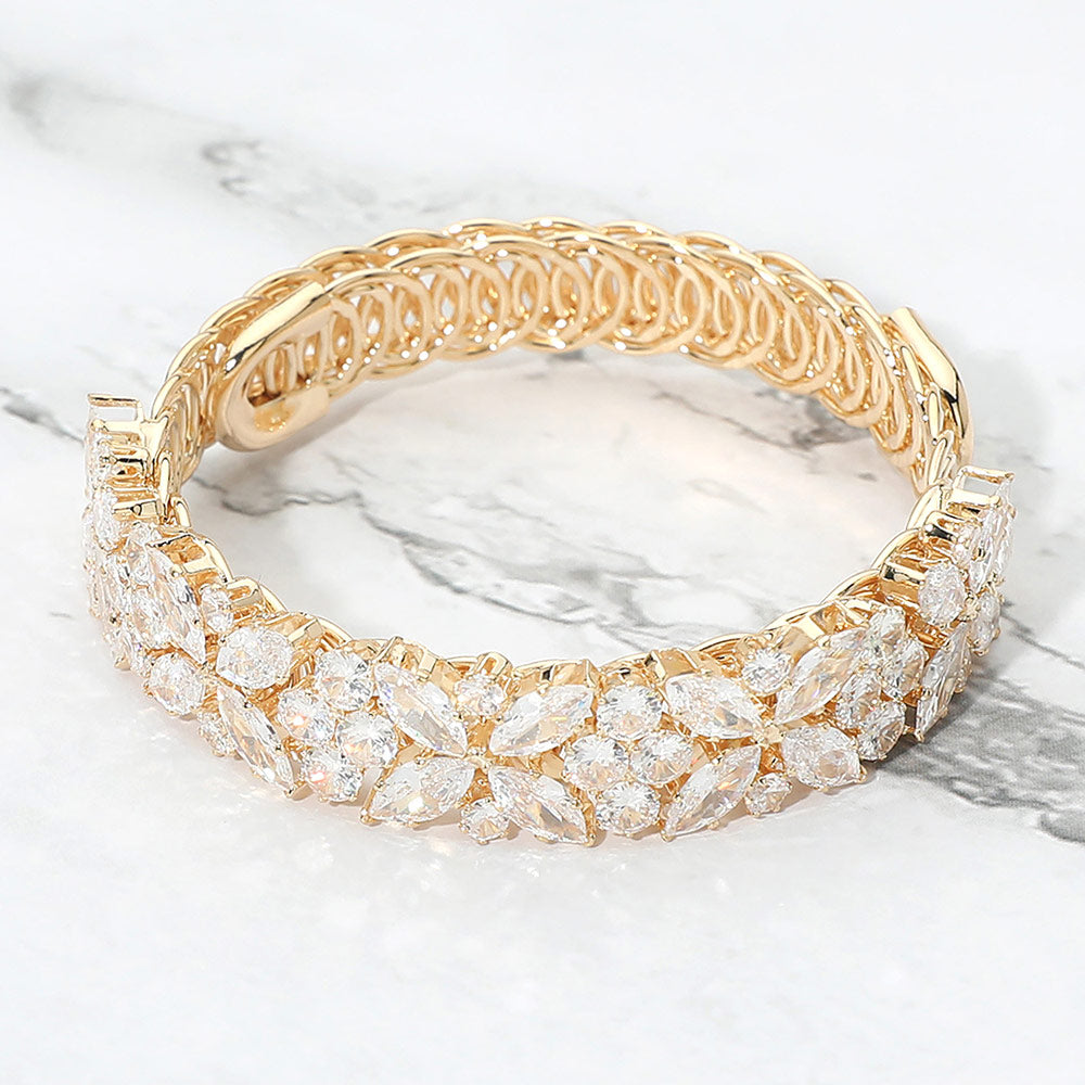 Madeline Love Clear, Gold Floral Marquise CZ Cluster Adjustable Evening Bracelet