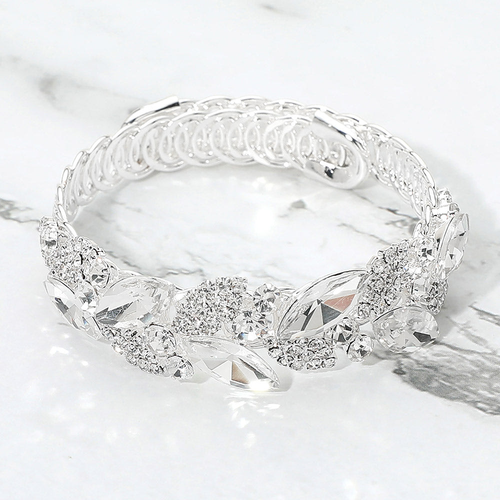 Madeline Love Clear, Silver Marquise Stone Cluster Embellished Adjustable Evening Bracelet