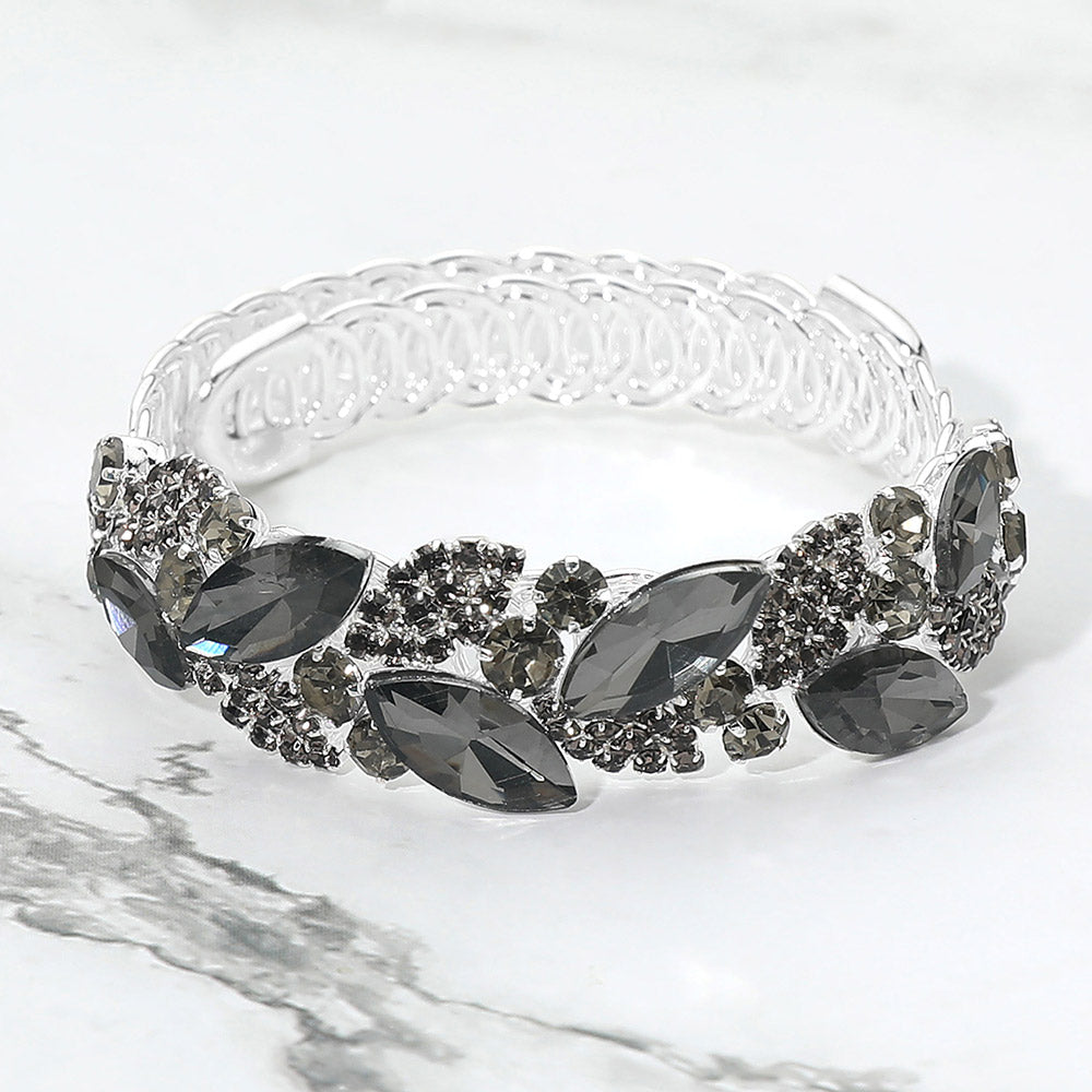 Madeline Love Black Diamond, Silver Marquise Stone Cluster Embellished Adjustable Evening Bracelet