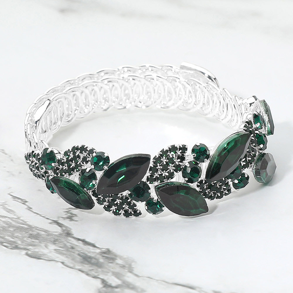 Madeline Love Emerald, Silver Marquise Stone Cluster Embellished Adjustable Evening Bracelet