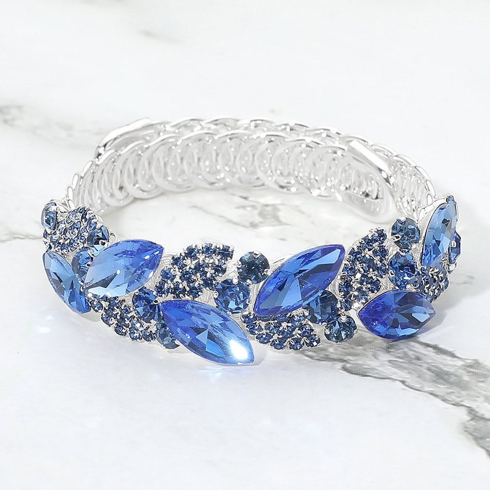 Madeline Love Light, Sapphire, Silver Marquise Stone Cluster Embellished Adjustable Evening Bracelet