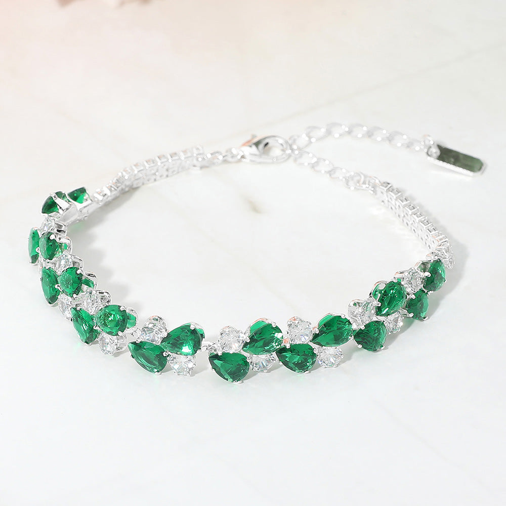 Madeline Love Emerald, Silver Teardrop Round CZ Cluster Link Evening Bracelet