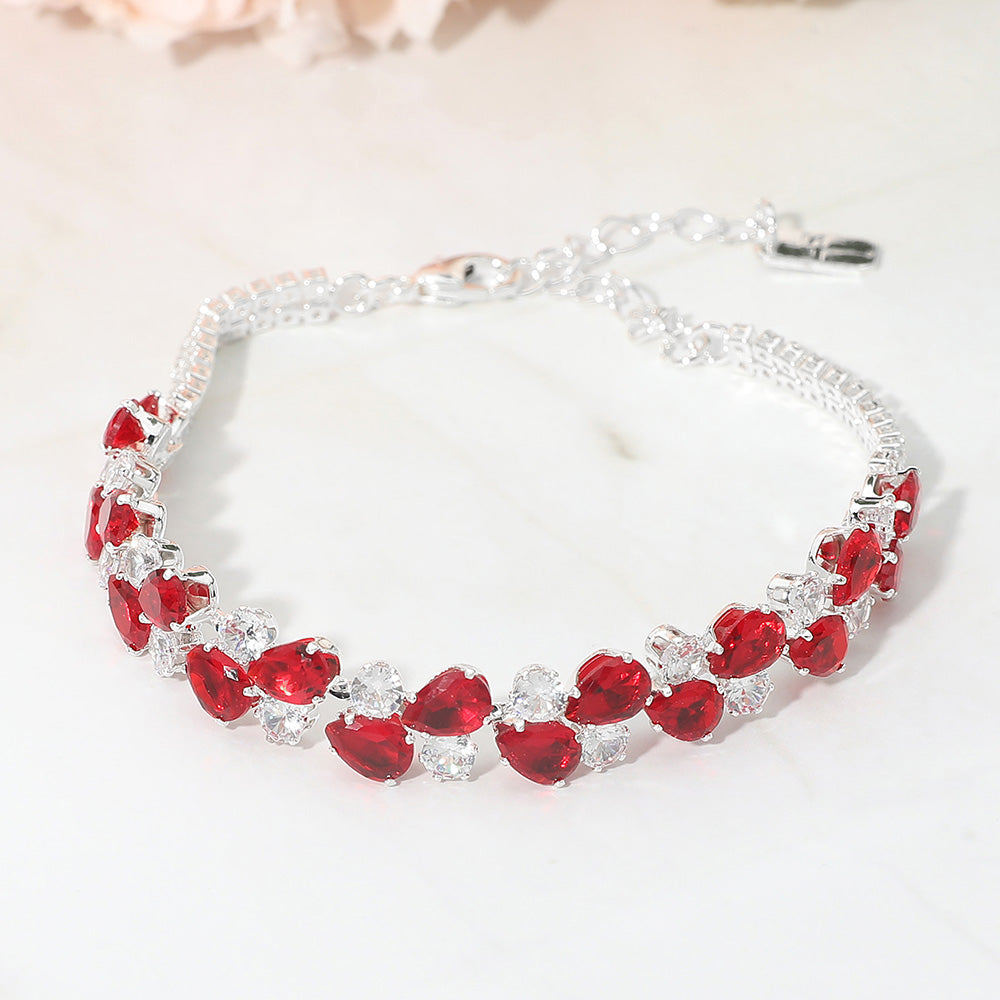 Madeline Love Red, Silver Teardrop Round CZ Cluster Link Evening Bracelet