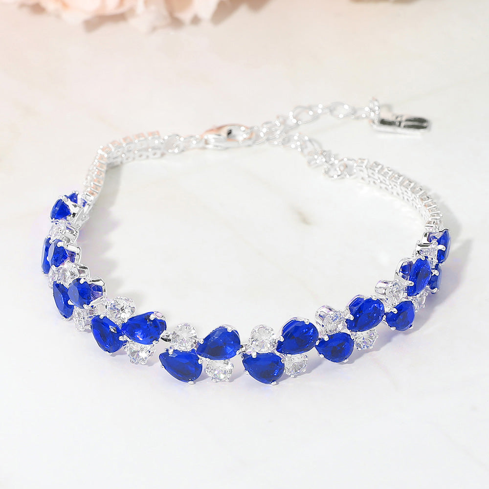 Madeline Love Sapphire, Silver Teardrop Round CZ Cluster Link Evening Bracelet