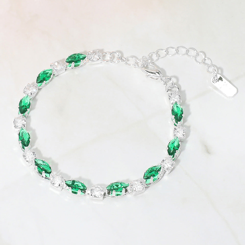 Madeline Love Emerald, Silver Marquise Round CZ Cluster Link Evening Bracelet