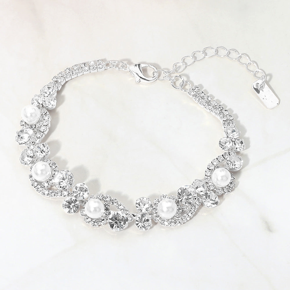 Madeline Love Silver, White Pearl Crystal Vine Evening Bracelet