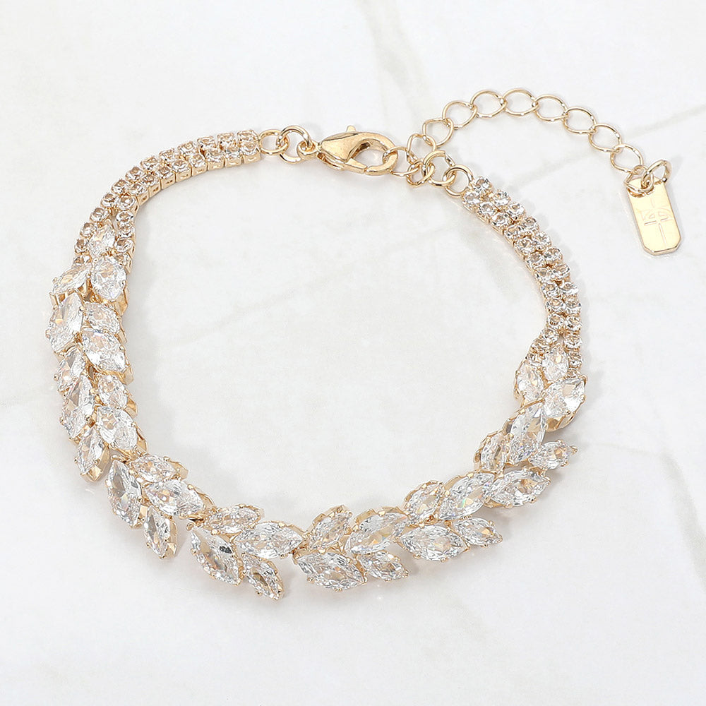 Madeline Love Clear, Gold Marquise CZ Cluster Leaf Vine Evening Bracelet