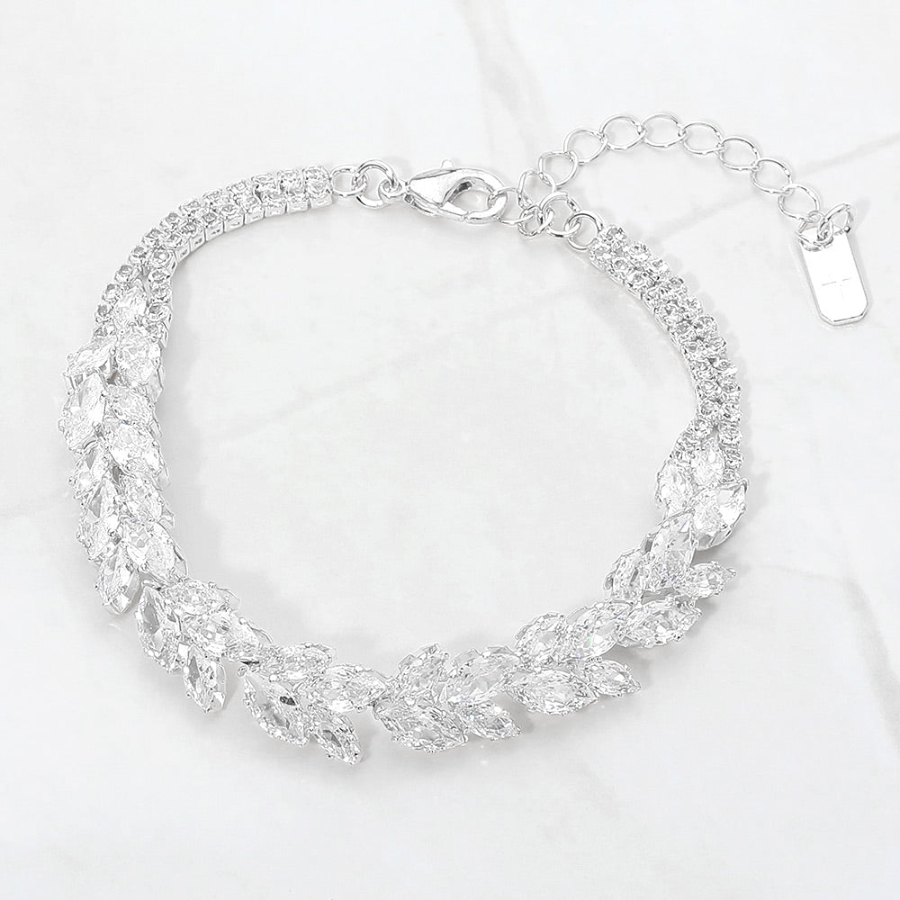 Madeline Love Clear, Silver Marquise CZ Cluster Leaf Vine Evening Bracelet