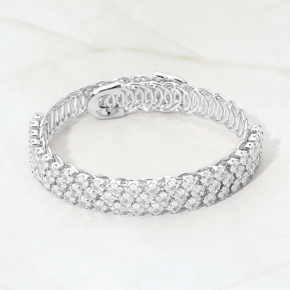 Madeline Love Clear, Silver 3-Row Square CZ Embellished Adjustable Evening Bracelet