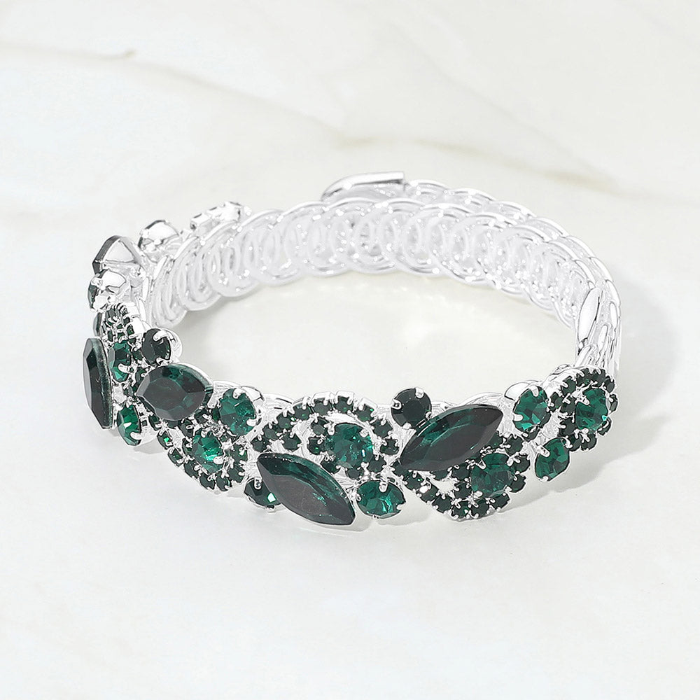 Madeline Love Emerald, Silver Marquise Stone Cluster Crystal Adjustable Evening Bracelet