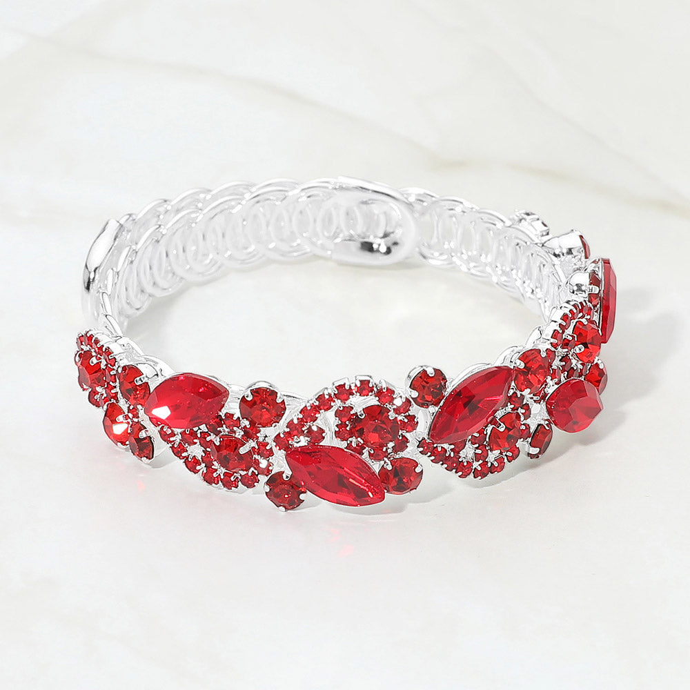 Madeline Love Red, Silver Marquise Stone Cluster Crystal Adjustable Evening Bracelet