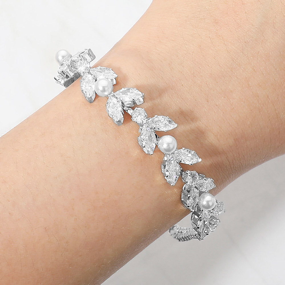 Madeline Love Silver, White CZ Marquise Cluster Pearl Link Evening Bracelet