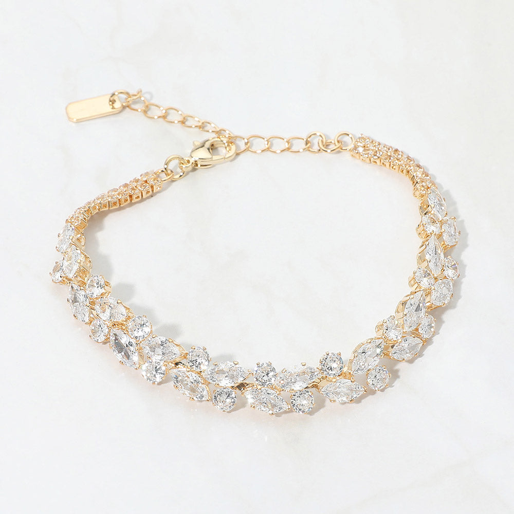 Madeline Love Clear, Gold CZ Marquise Round Stone Cluster Link Evening Bracelet
