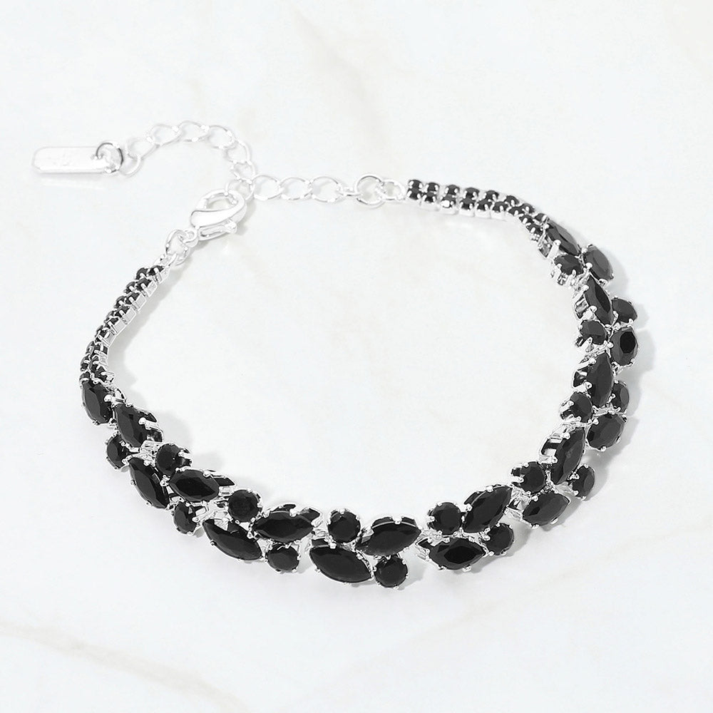 Madeline Love Black, Silver CZ Marquise Round Stone Cluster Link Evening Bracelet
