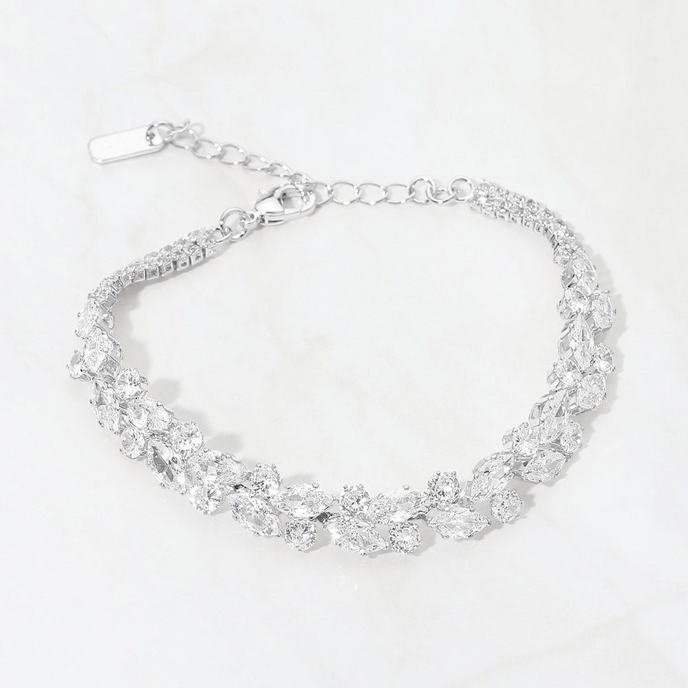 Madeline Love Clear, Silver CZ Marquise Round Stone Cluster Link Evening Bracelet