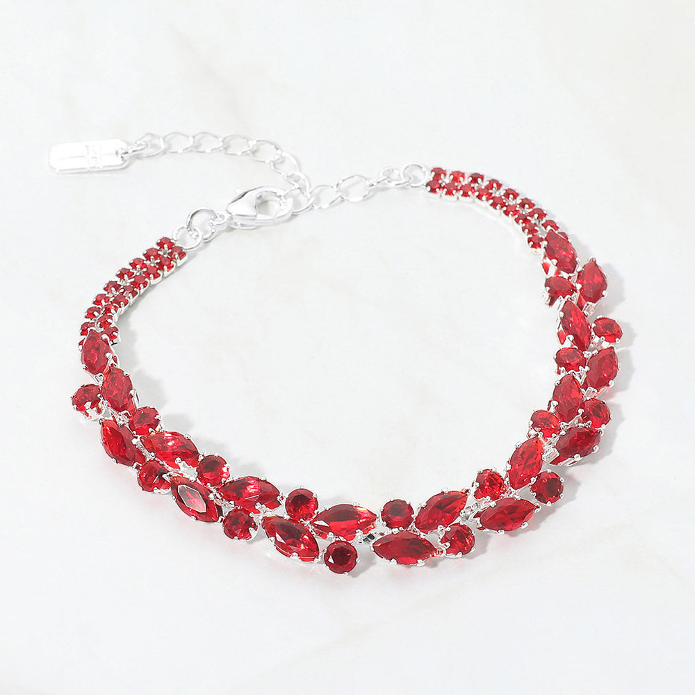 Madeline Love Red, Silver CZ Marquise Round Stone Cluster Link Evening Bracelet