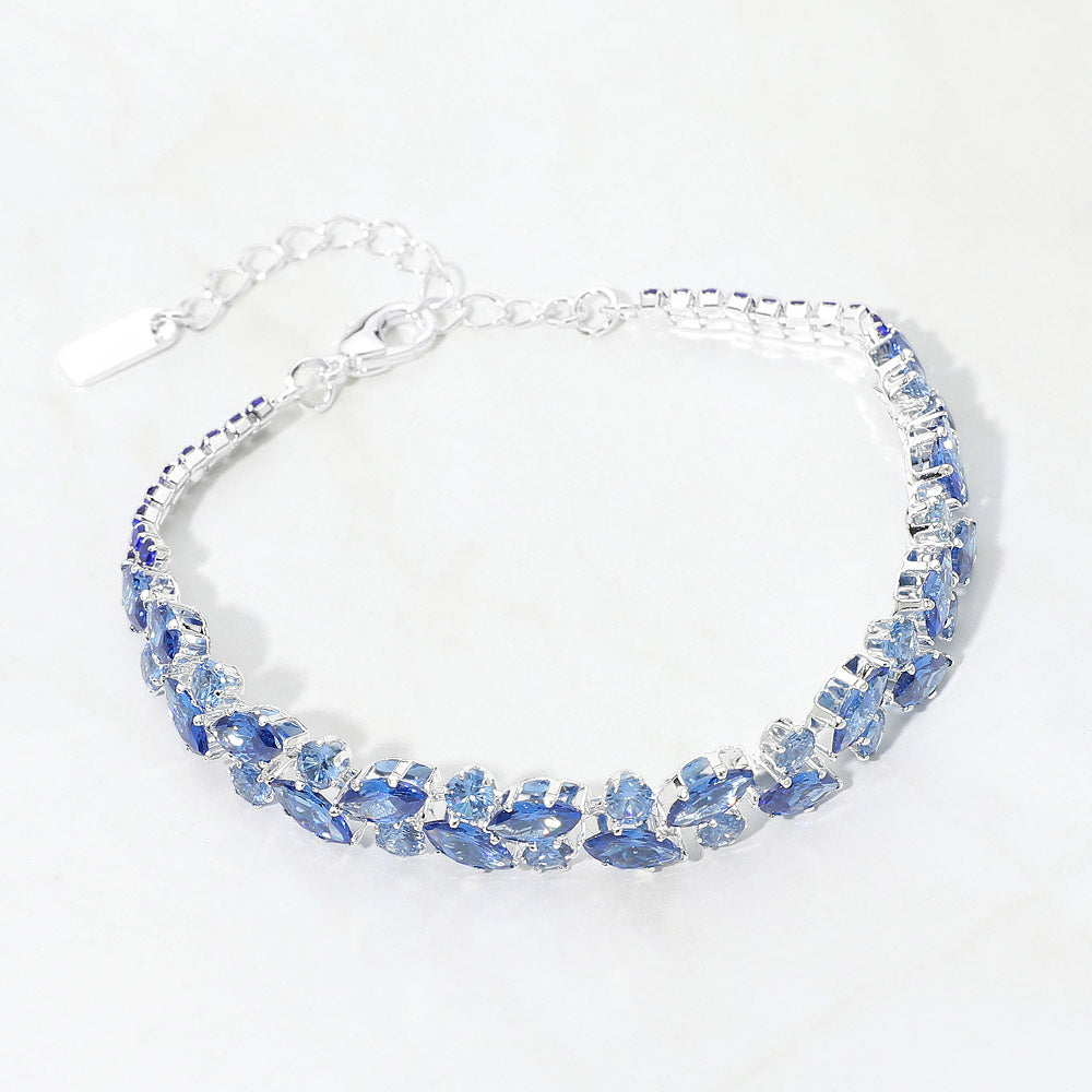 Madeline Love Sapphire, Silver CZ Marquise Round Stone Cluster Link Evening Bracelet