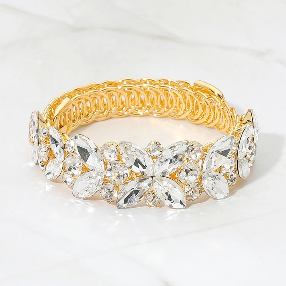 Madeline Love Clear, Gold Marquise Stone Cluster Embellished Adjustable Evening Bracelet