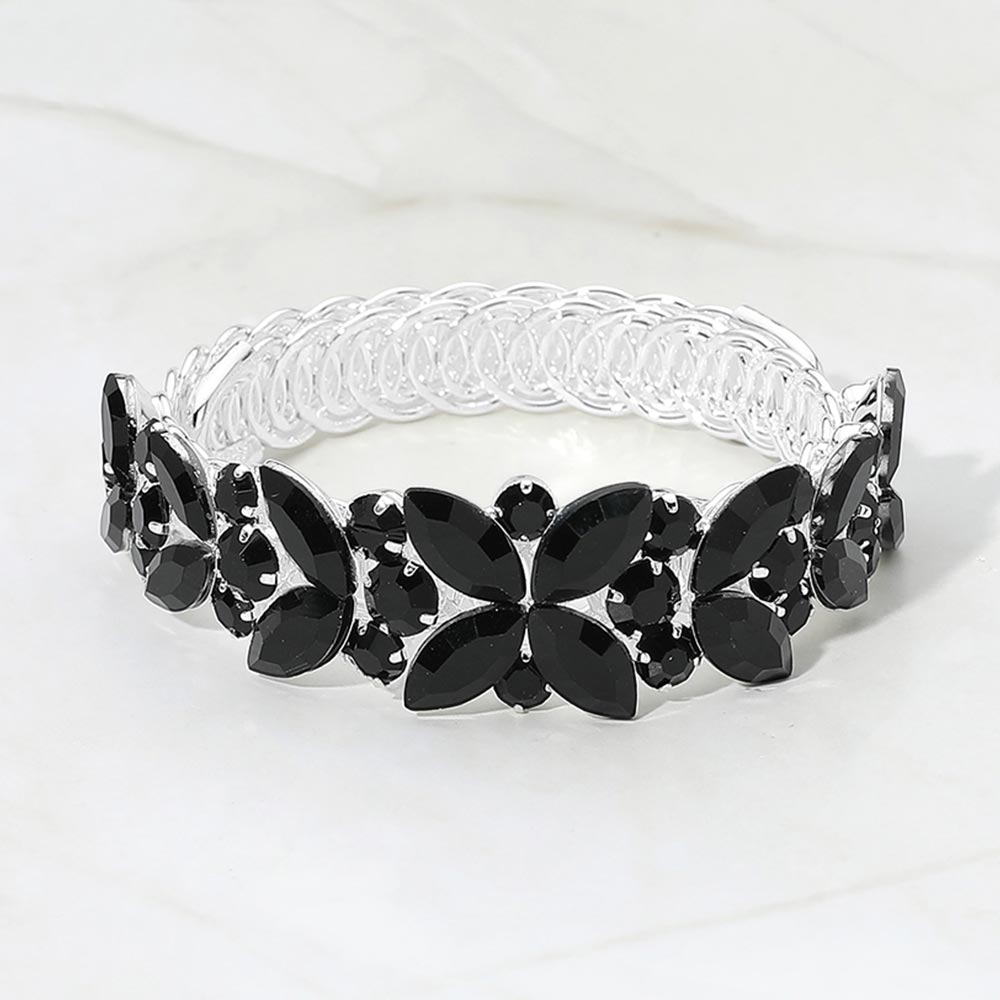 Madeline Love Black, Silver Marquise Stone Cluster Embellished Adjustable Evening Bracelet
