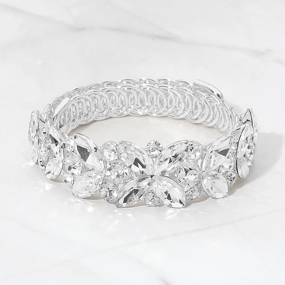 Madeline Love Clear, Silver Marquise Stone Cluster Embellished Adjustable Evening Bracelet
