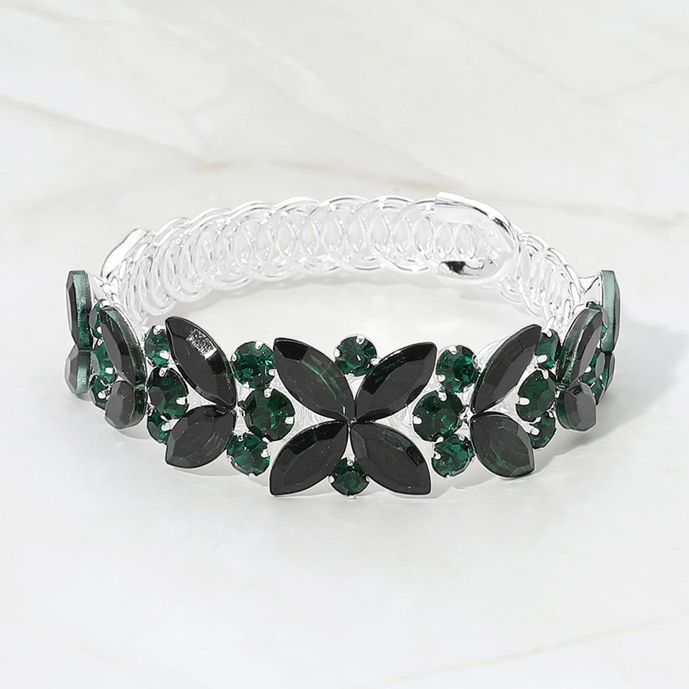 Madeline Love Emerald, Silver Marquise Stone Cluster Embellished Adjustable Evening Bracelet