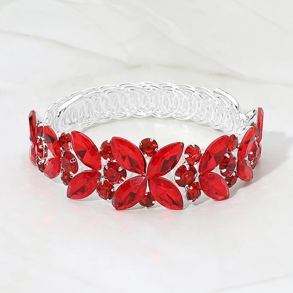 Madeline Love Red, Silver Marquise Stone Cluster Embellished Adjustable Evening Bracelet