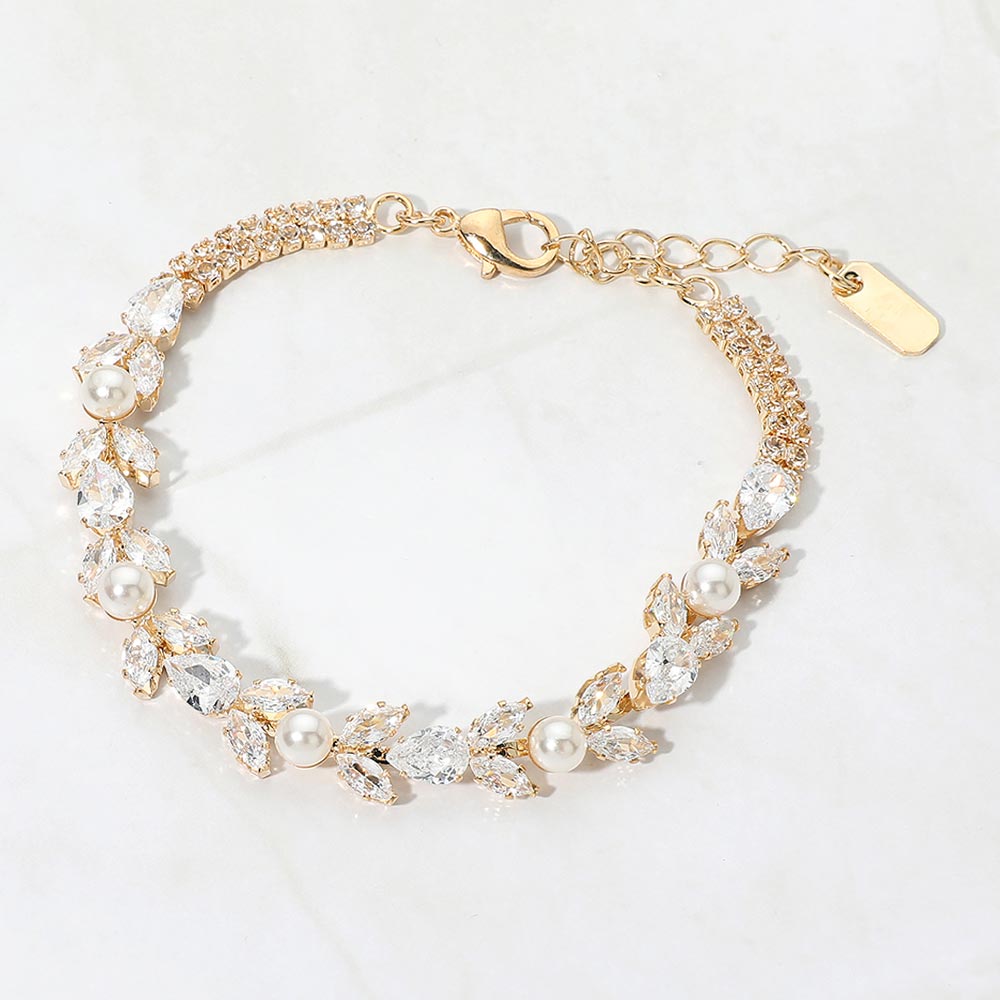 Madeline Love Cream, Gold Marquise CZ Cluster Pearl Vine Evening Bracelet